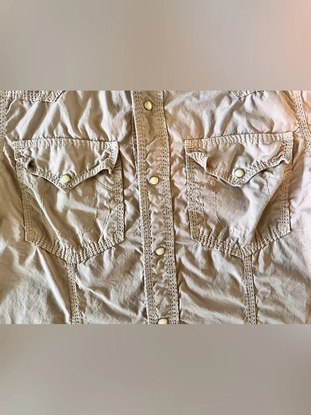 TRUE RELIGION XXL Tan Cotton Western Pearl Snap Raw Hem Shirt